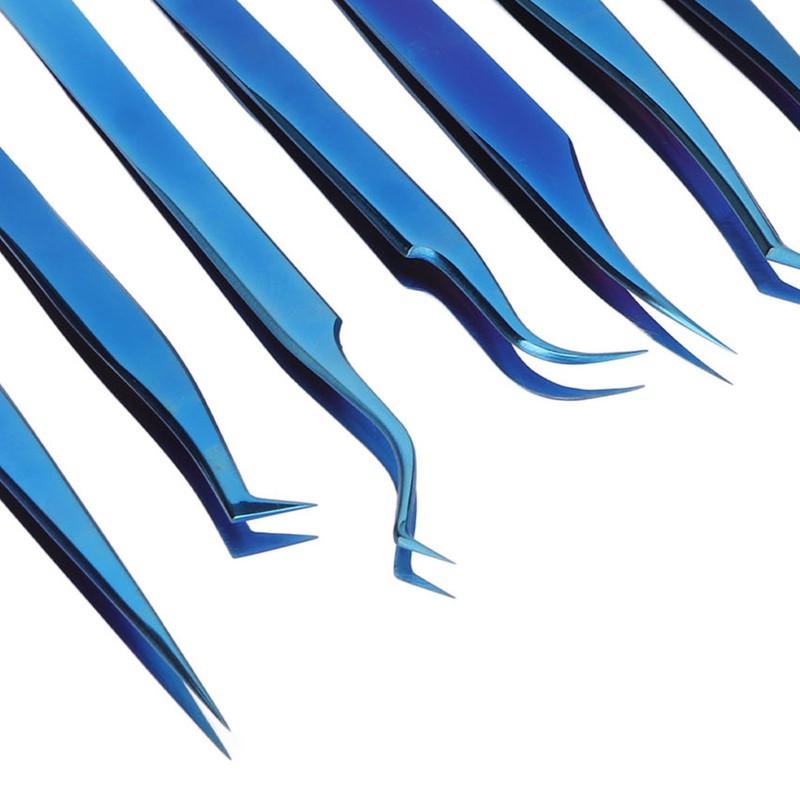 8pcs Eyelash Tweezers Stainless Steel Fine Tip Ergonomic Blue Titanium