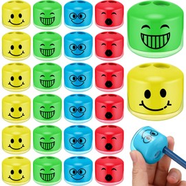 Crtiin 24 Pcs Smile Pencil Sharpeners Handheld Pencil Sharpener Manual Dual Holes Pencil Sharpeners Colorful Cartoon Expression Pencil Sharpener for School Office Art Room