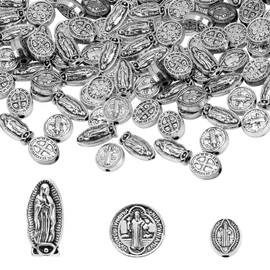 BENOSPACE 90 Pcs Jesus Virgin Mary Religious Spacer Beads Saint Benedict Medallion Pendants Charms Antique Silver Our Lady Miraculous Oval Accessories for Jewelry Making DIY Rosary Necklace Bracelet