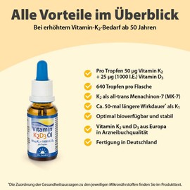 Dr. Jacob's Vitamin K2D3 Oil 20 ml | 50 µg Vitamin K2 (All-Trans Menachinon-7) + 25 µg Vitamin D3 1000 IU per Drop | 640 Servings | Important for Bones¹, Muscles ² & Immune System³