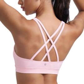CRZ YOGA Women's Without Underwire Sports Bra Crossed Back Spaghetti Top Removable Pads Yoga Crop Top, Strawberry Pink, M