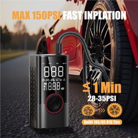 ReboostFast Tire Portable Air Compressor​, Max 150PSI Cordless tire inflator​ with a ​digital pressure gauge​, ​auto shut-off & LED light. Compact pump for ​car, bike, motorcycle, and ball