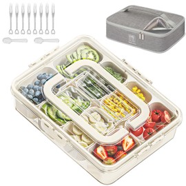 WETRBWEH Snack Box Container with Insulated Cooler Bag, Divided Serving Tray with Lid and Handle Beach Essentials, Snackle Box Veggie Tray Fruit Tray with 8 Compartments & 8 Forks & 2 Spoon