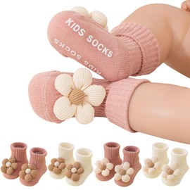 CCREDONE 4Pairs Toddler Non Slip Socks with Grips Flower Baby Boy Girl Infants Socks Anti Skid Crew (US, Age, 0 Months, 12 Months, Pink, White)