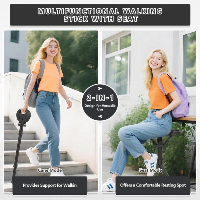 VIVETERA Folding Cane with Seat Lightweight 3.5lbs Aluminum Alloy&PP, Triple
