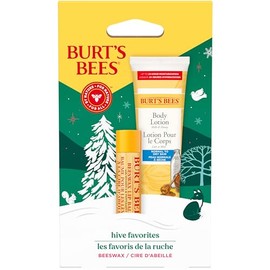 Set de regalo navideño Burt's Bees Hive Favorites, bálsamo labial de cera de abejas y loción corporal de viaje con leche y miel