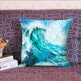 oFloral Sea Waves Decorative Throw Pillow Cover Ocean Theme Pillow Case Square Cushion Cover 18"X18" Blue Green