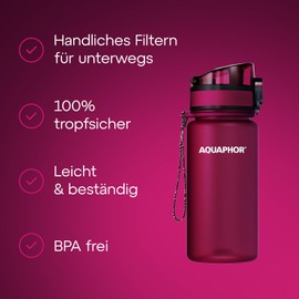 AQUAPHOR City Filter Bottle 350 ml Ruby I Bottle with Water Filter for On the Go I Filter with Activated Carbon I Filters Chlorine I Made of Tritan & BPA Free I For Better Taste & Odour of Water