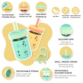 Tronco 8 oz Glass Sippy Cup for Kids & Toddlers | Mason Jar Smoothie Cups with Spill-Proof Silicone Straws, Non-Slip Silicone Sleeves & Lids, BPA-Free Snack Cups, Dishwasher Safe