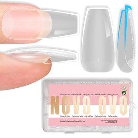 NOVO OVO Medium Coffin Nail Tips Extra Thick Press on No C Curve Medium Coffin Nail Tips Extra Thick Press-On No C-Curve Soft Gel Natural Fake Nail Extensions Full Coverage Clear Fake Nails for
