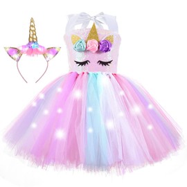 Dicodoum Unicorn Costume Birthday Decorations-Light Up Girls Party Dress Gifts Outfit, Pink, 3-4T