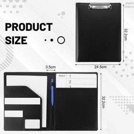 Clipboard Folder A4, PU Leather Portfolio Folder Foldover Clipboard with Writing Pad File Document Organiser with Elastic Band, Pen Holder for School Office Supply(Black)