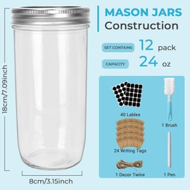 CycleMore 24oz 12 Pack Mason Glass Jars with Silver Separable Lids, Wide Mouth Canning Jars, Glass Pickle Canning Jars for Jelly, Jam, Honey, Wedding Favors, Spices and Herbs