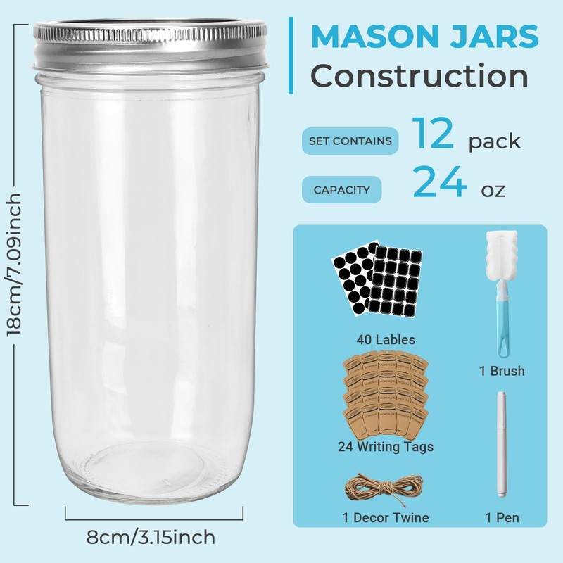 CycleMore 24oz 12 Pack Mason Glass Jars with Silver Separable