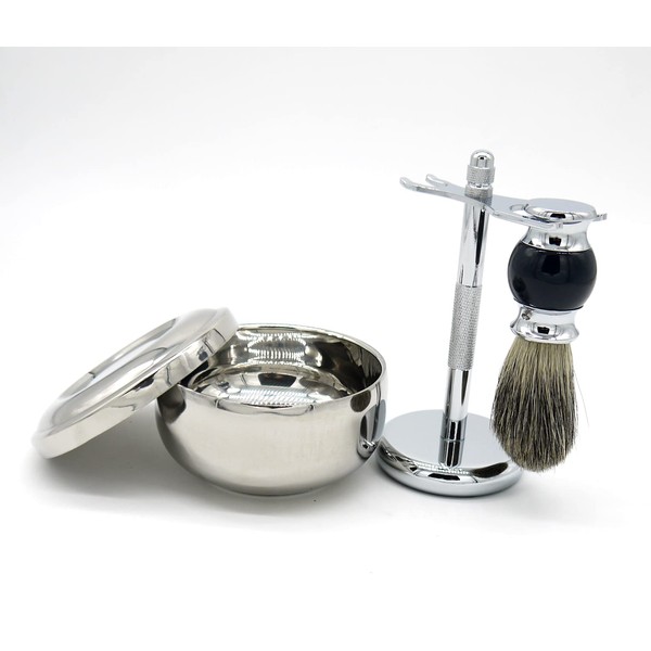 Sugarello Beard Brush, Shaving Brush, Men's Shaving Brush, Stand, Soap Bowl, Set of 3, Silver