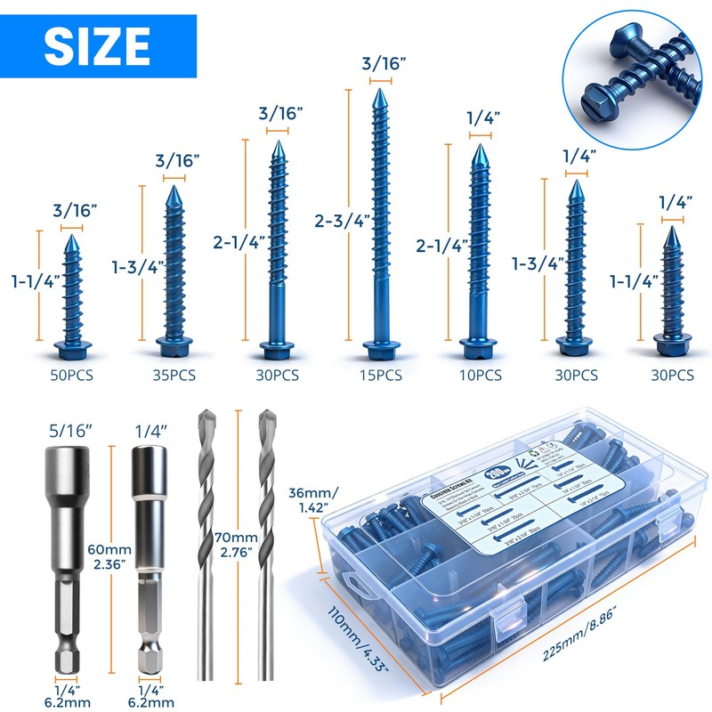 200PCS Concrete Screws, 3/16" 1/4" Masonry Screws with Drill Bit