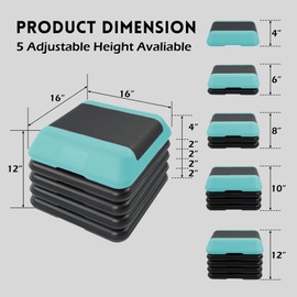Fitvids Step Aerobic Platform, 16" Exercise Step with 5 levels Adjustable Height, 4 Stackable Risers, Fitness Training Workout Stepper for Home Gym, Cardio Strength, Black & Blue