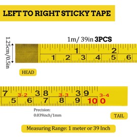 3 PCS Adhesive Measuring Tape, Peel and Stick Tape Measure, 39Inches/100 cm Imperial and Metric Ruler Tapes, Steel Self-Adhesive Measuring Tapes for Woodworking Measurement, Drawing (Yellow)