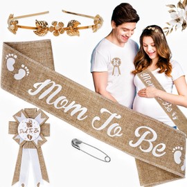 Neutral Burlap Mom to Be Sash Dad to Be Pin Baby Shower Decorations, Rustic Boho Gold Flower Crown Headband Mommy to Be Sash for Gender Reveals Party Decorations for Pregnant Keepsake Gifts