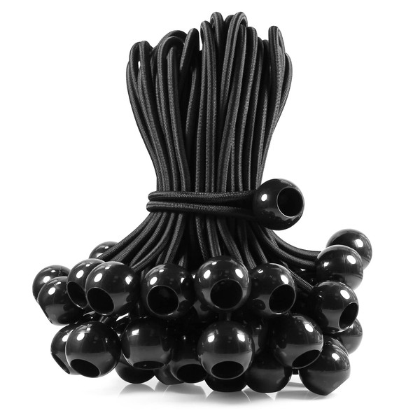 Joneaz Ball Bungee Cords 9 inch Black, Real Latex Bungee Cord, Stretch to 20 inch, 50-Piece