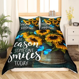 Manfei Sunflower Duvet Cover Set King Size Blue Butterfly Bedding Set 3pcs for Kids Teens Adult Room Decor,Plant Botanical Animal Theme Comforter Cover Soft Warm Sunny Quilt Cover with 2 Pillowcases