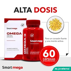 Smart Mega OMEGA 3 con 33% EPA y 22% DHA, Suplemento Alimenticio, 60 cápsulas, Salud Cardiovascular y Cerebral