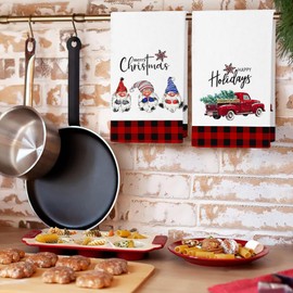 JOOCAR Merry Christmas Kitchen Towels Dish Towels Set of 2, 16x27 Inch Seasonal Gnome Red Truck Drying Dishcloth, Red Buffalo Plaid Farmhouse Kitchen Bathroom Decor Hand Towels