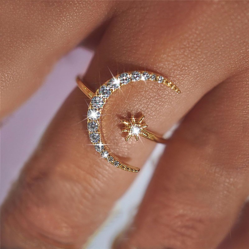 TseenYi Crystal Star Moon Adjustable Ring Gold Crescent Adjustable Ring