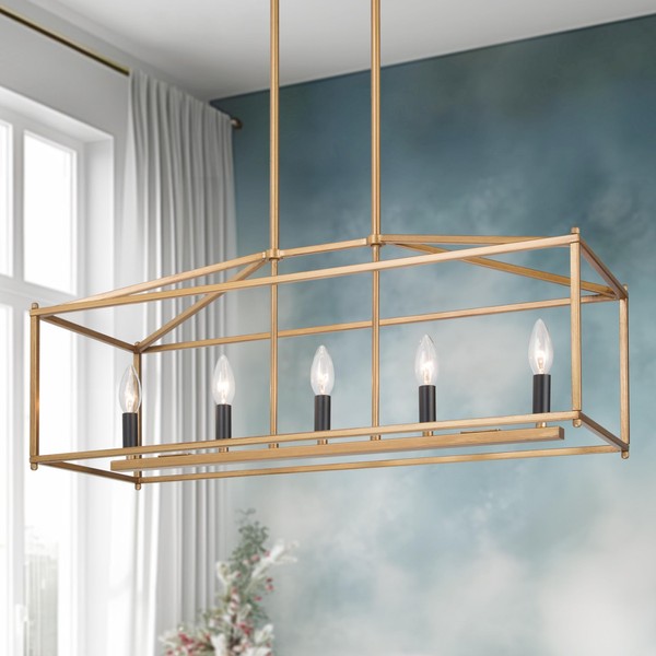 Gold Chandelier, Modern Large 5-Light Linear Rectangle Light Fixture for Dining Room and Kitchen Island