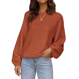PRETTYGARDEN Womens Fall Sweaters 2024 Casual Loose Crewneck Ribbed Long Sleeve Top Knit Pullover Sweater (Rust Red,Medium)