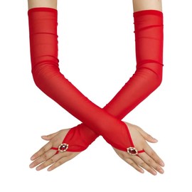 GRYUIRY Long Fingerless Tulle Mesh Gloves Wedding Bridal Sheer Gloves for Women Opera Party Cosplay Costume Red