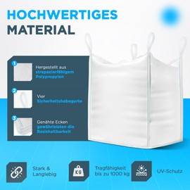 BIBODU Big Bag Bags (1 Unit) 1000 kg Big Pack 90 x 90 x 90 cm Big Pack Garden Durable and Reusable Big Pack Perfect for Construction Site, Garden, Sand, Waste and Wood