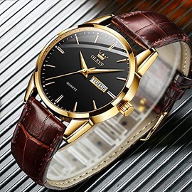 OLEVS Men Watch Brown Leather Strap Large Black Face Analog Quartz Classic Dress Date Luminous Waterproof Gents Wrist Watch