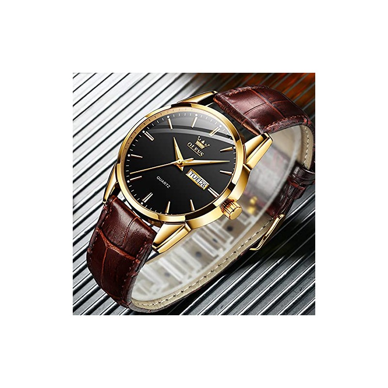 OLEVS Men Watch Brown Leather Strap Large Black Face Analog
