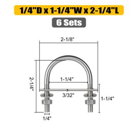 SVLING 6 Sets Round U Bolts, u-Bolts 1-1/4 Inch Wide, 304 Stainless Steel U Bolt,with Nuts,Bolt Plate and Washers for Boat Trailer Tube(1/4" D x 1-1/4"W x 2-1/4"L)