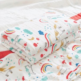 J-pinno - Manta de muselina de unicornio arcoíris 100% algodón, 6 capas, manta de cama individual, suave, cálida, para sofá y niños pequeños, diseño de dibujos animados (arco iris,
