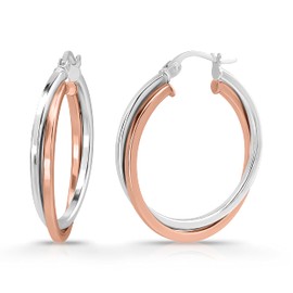 Two Tone Rose Gold Flashed and Sterling Silver Intertwining Square-Tube Polished Hoop Earrings, 25mm - 1"