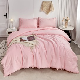 PERFEMET 5 Pcs Pink Pom Pom Comforter Twin Size Aesthetic Boho Pom Fringe Bedding Set with Sheet Ultra Soft Lightweight Farmhouse Bedding Quilt Set for Girls Kids(Pink, Twin)