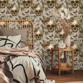 VEELIKE Dark Gothic Wallpaper Skulls Ferns Peel and Stick Wallpaper Floral Wallpaper for Bedroom Bathroom Living Room 17.7''x118'' Removable Adhesive Skulls Art Decor Mural for Walls Cabinets Home