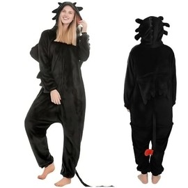 rericonq Dragon Onesie Pajamas Adult Christmas Animal Dragon Flannel Costume Winter Plush PJS Cosplay for family Woman Black