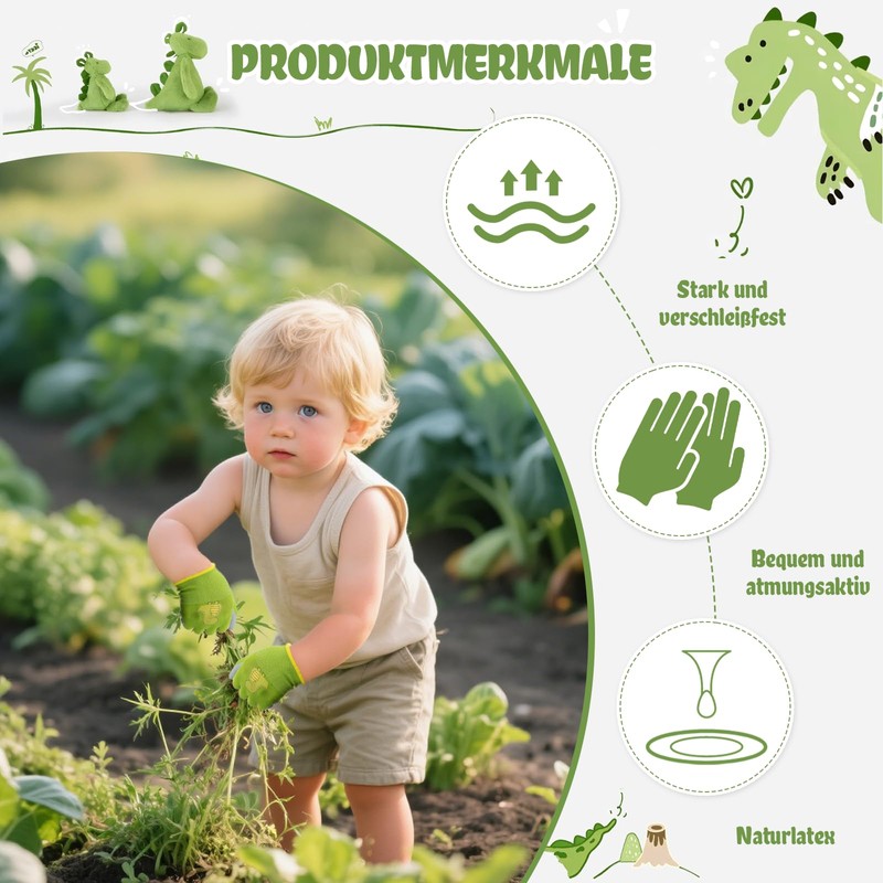 BORISCA Children's Garden Gloves, Work Gloves with Dinosaur Pattern in