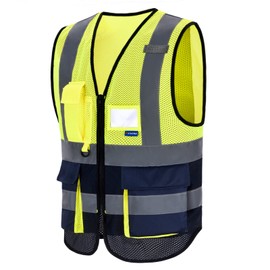 AYKRM Mesh hi vis Vest with Pockets high viz Class 2 hi vis Zipper Front High Visibility Vest Hi Vis Executive Jacket Vest Waistcoat with Phone & ID Pockets, Yellow Navy Mesh (UK-88-M-MESH-Y&N)