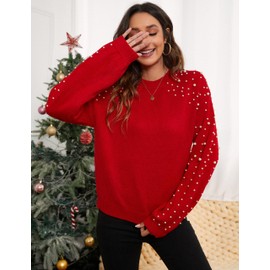 Blooming Jelly Women's Chunky Sweater Crewneck Sweatshirt Knit Lantern Sleeve Oversized Pullover Sweater with Pearls (Medium, Red)…