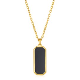TRUMIUM Black Necklace for Mens Womens Rectangle Onyx Pendant Necklaces 18k Gold Plated Stainless Steel Cuban Curb Chain 23inches with 2" Chain Extenders
