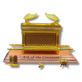 3 ARCHES USA Gold Plated The Ark of The Covenant Figurine Model (7” x 4” x 5”) with Contents - Aaron's Rod, Manna, Ten Commandments - Detailed Replica Tabletop Decor