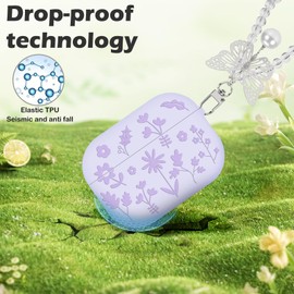 CameCosy for AirPod Pro 2nd/1st Generation Case with Butterfly Silver Keychain, Unique Flower Engraved Design for Women Soft Shockproof Protective Cover Case for AirPod Pro 2/Pro (Purple)