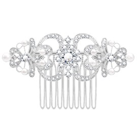 Peine de pelo de boda de cristal para mujer, peine de pelo para novia, pasador de diamantes de imitación, flor perla, tocado de boda, accesorios para el cabello Art Deco plateado