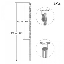 TA-VIGOR 2Pcs 5.5mm Extra Long Twist Drill Bits, 160mm Length High-Speed Steel HSS Straight Shank Spiral Drill Bits for Wood Metal Aluminum Plastic