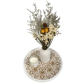 Rustic Round Wood Decorative Coffee Table Tray Farmhouse Decor with Wood Texture Boho Ottoman Serving Tray for Kitchen Counter Home (White)