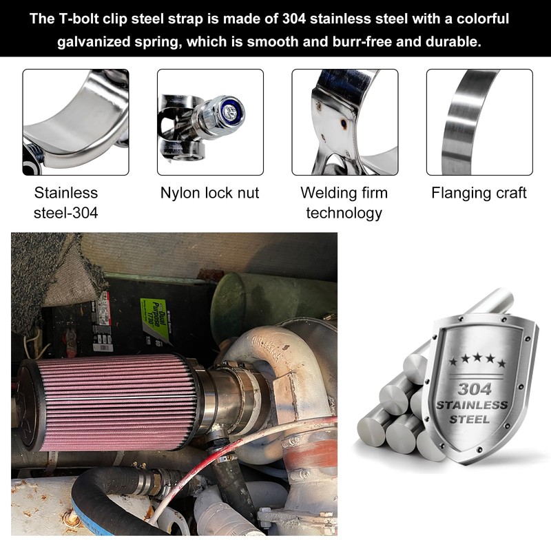 JUSTTOP 2PCS 4 Inch T-Bolt Hose Clamp, Adjustable 108-116mm Clamp